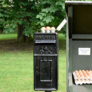 The egg stall and old post box on the drive, with a tray of fresh eggs